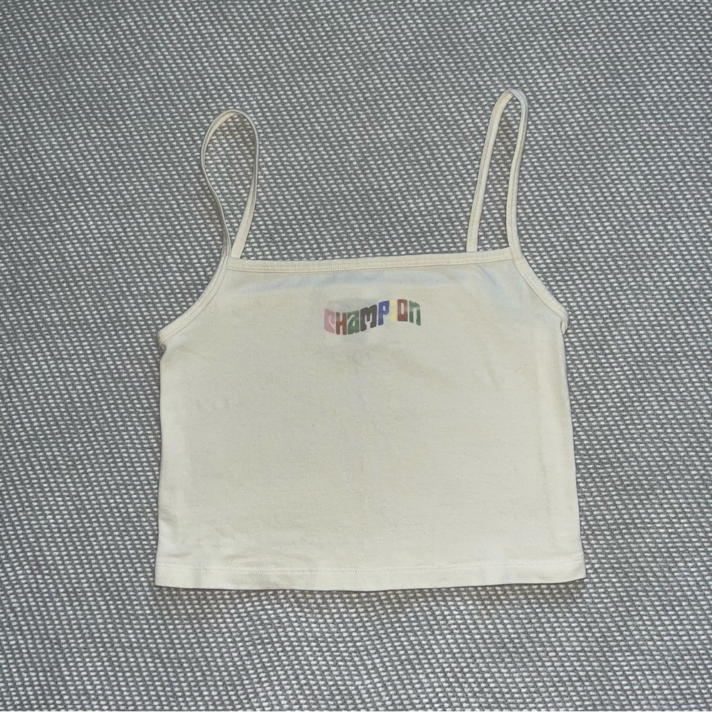 Champion Graphic Logo Cream Pastels Cropped Cami Tank Top Sz Xs Square Neck
